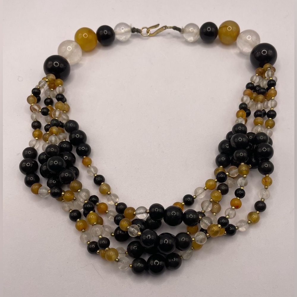 Vintage Artisan Multi Stand Glass Black Clear & Amber Colored Bead Necklace